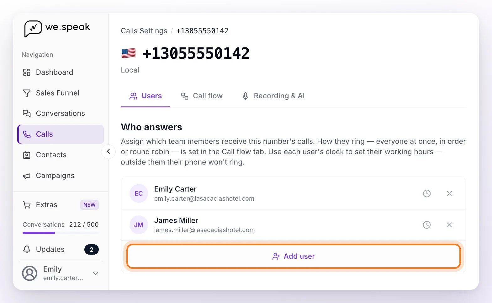 A number's settings on the Users tab: the two assigned users, each with their schedule clock and the option to remove them, and the Add user button highlighted