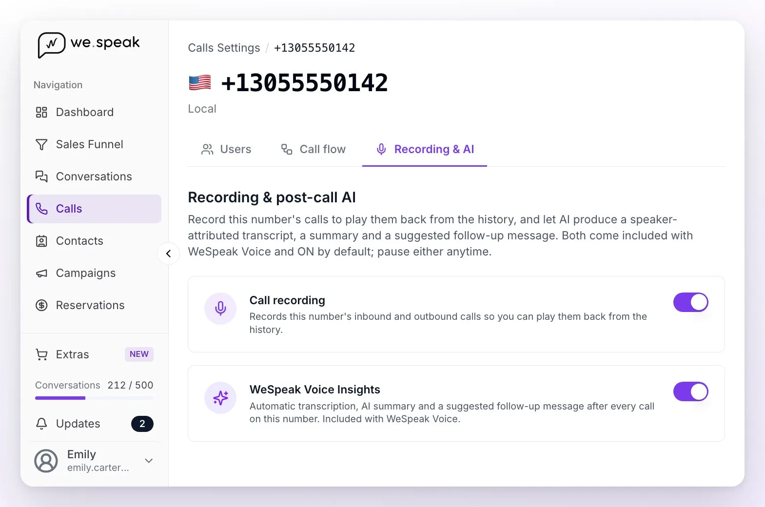 A number's settings on the Recording & AI tab: the call recording and WeSpeak Voice Insights toggles, both on