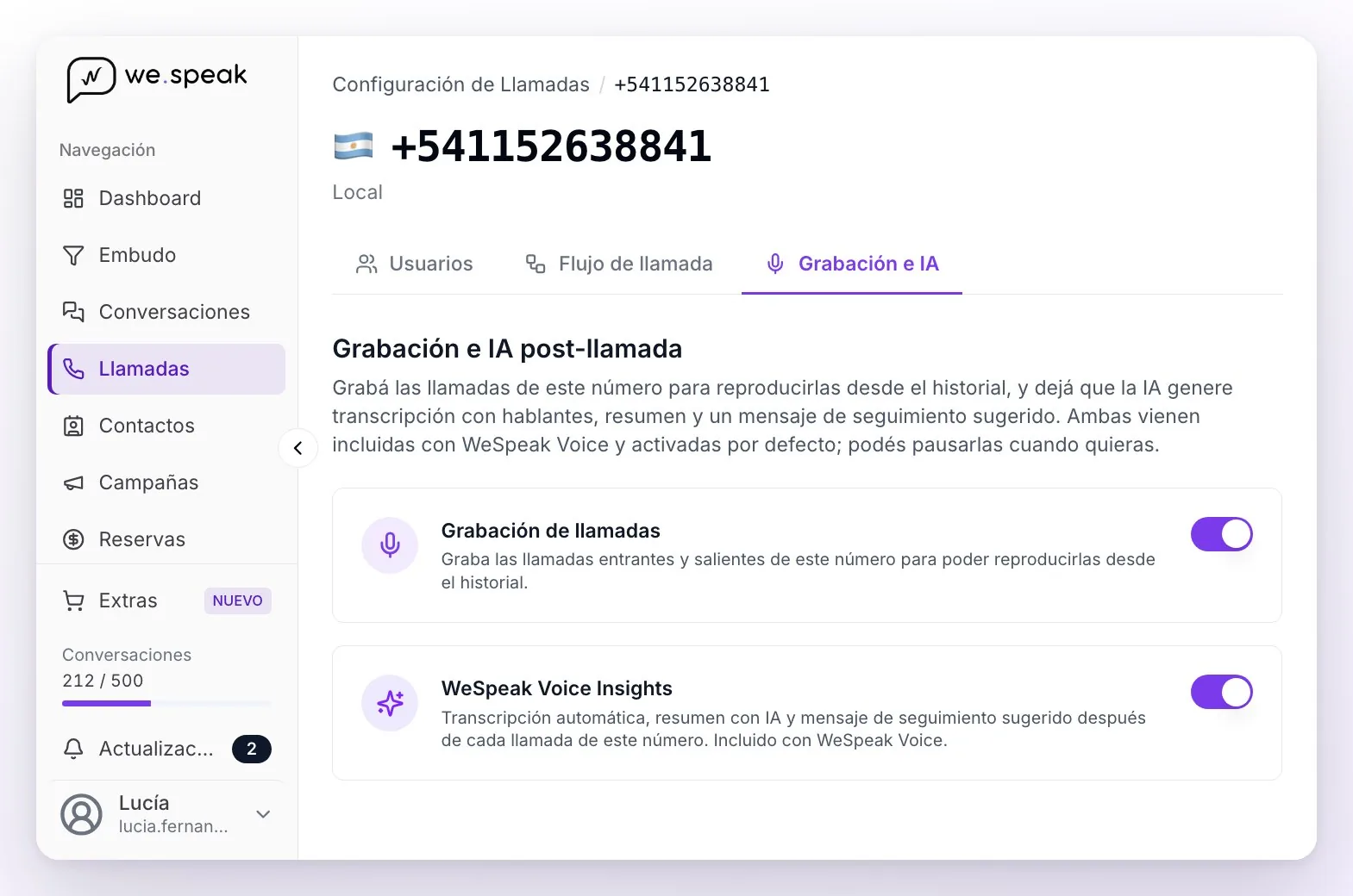 La configuración de un número en la pestaña Grabación e IA: los interruptores Grabación de llamadas y WeSpeak Voice Insights, los dos encendidos