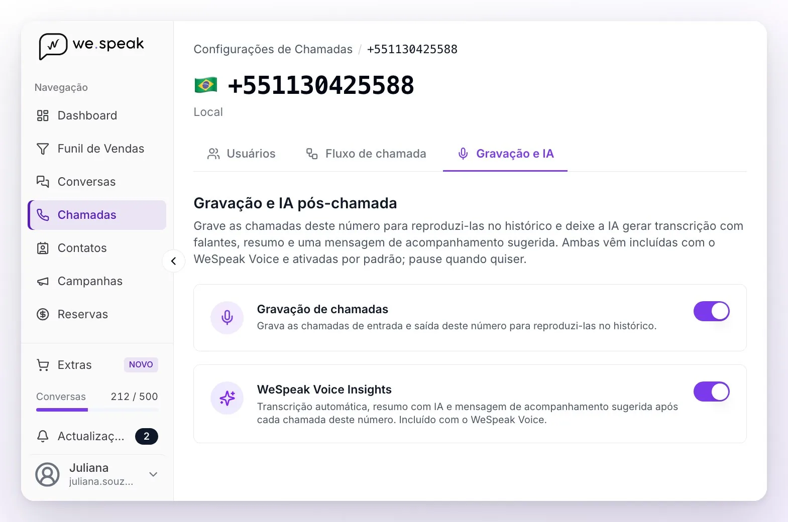 A configuração de um número na aba Gravação e IA: os interruptores de gravação de chamadas e de WeSpeak Voice Insights, os dois ligados