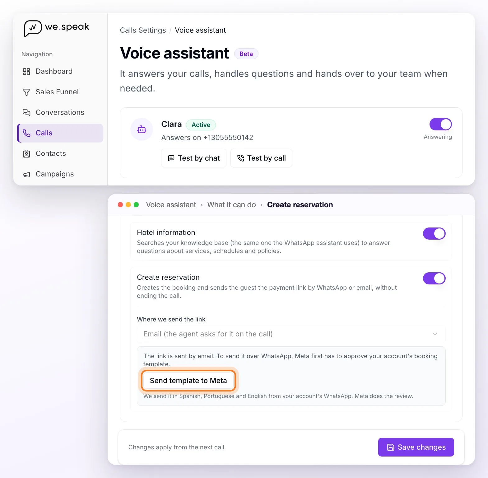 The voice assistant page: the active assistant with the Test by chat and Test by call buttons and, further down, the Create reservation tool turned on with the template notice and the Send template to Meta button