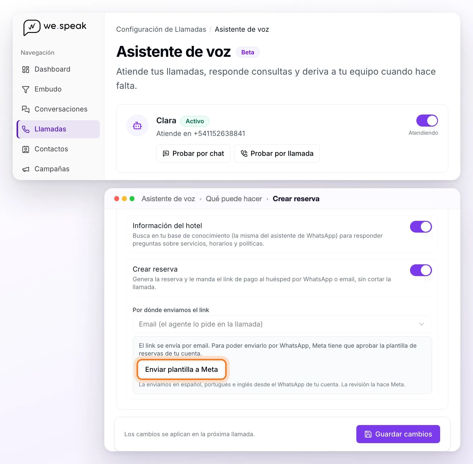 La página del asistente de voz: el asistente activo con los botones Probar por chat y Probar por llamada y, más abajo, la herramienta Crear reserva encendida con el aviso de la plantilla y el botón Enviar plantilla a Meta