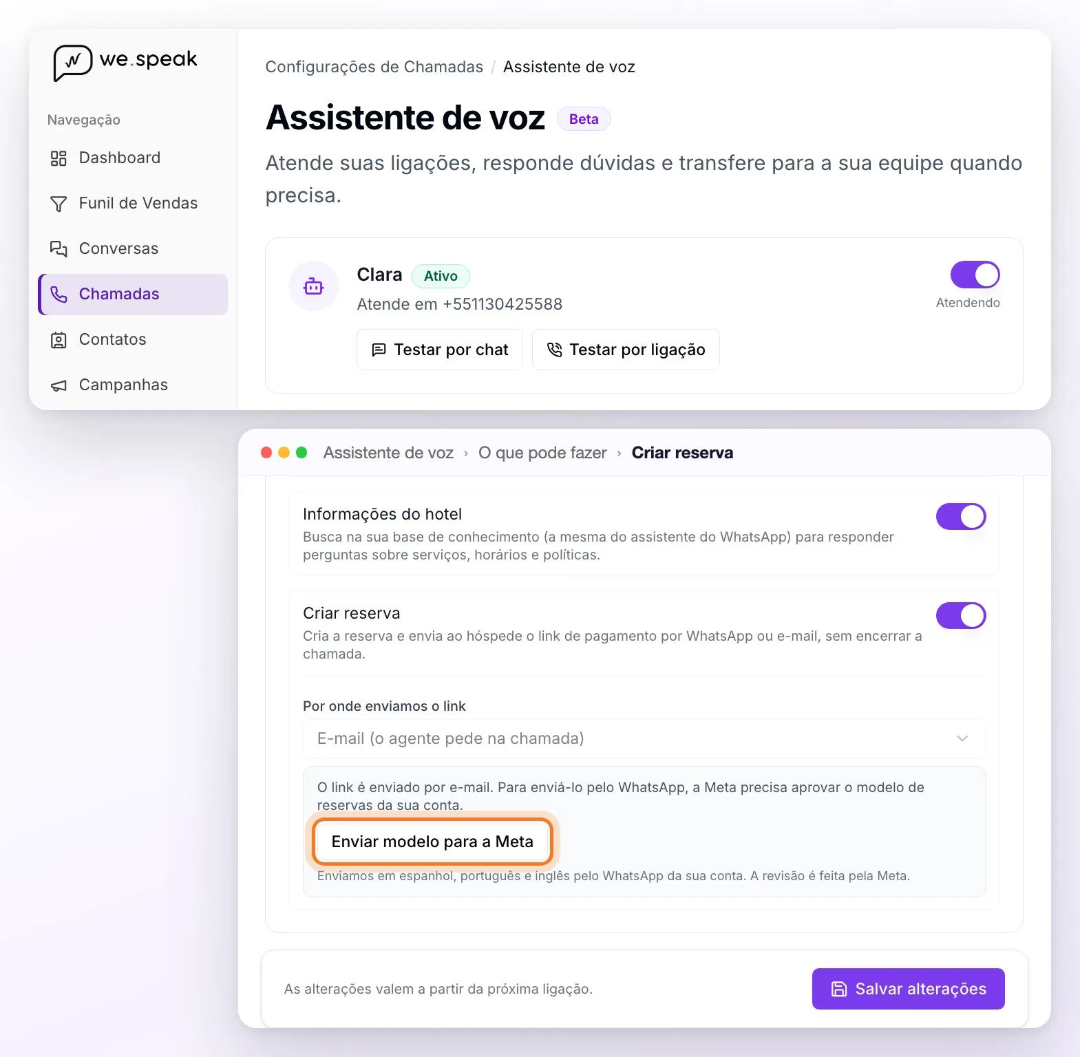 A página do assistente de voz: o assistente ativo com os botões Testar por chat e Testar por ligação e, mais abaixo, a ferramenta Criar reserva ligada com o aviso do modelo e o botão Enviar modelo para a Meta