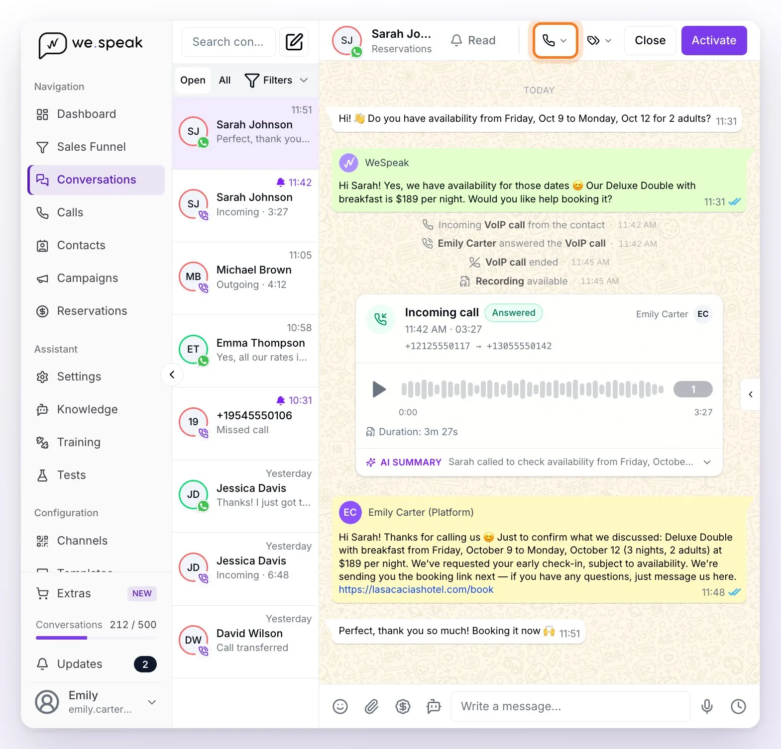 Conversations with the conversation list, where Calls-channel rows show Incoming, Outgoing, Missed call or Call transferred, and a guest's WhatsApp chat with the call interleaved among the messages, its recording, the AI summary and the Call button in the header
