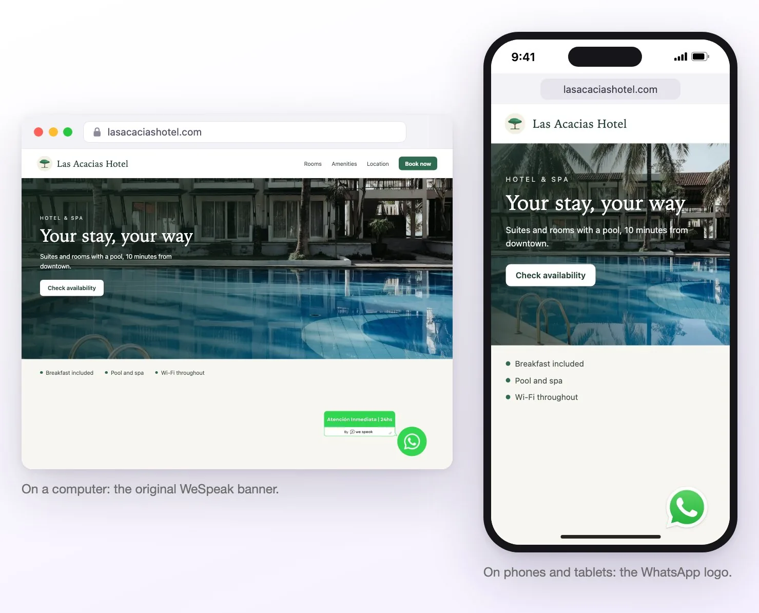 Example hotel website with the original WhatsApp button: a wide banner in the bottom-right corner on desktop and just the WhatsApp logo on mobile
