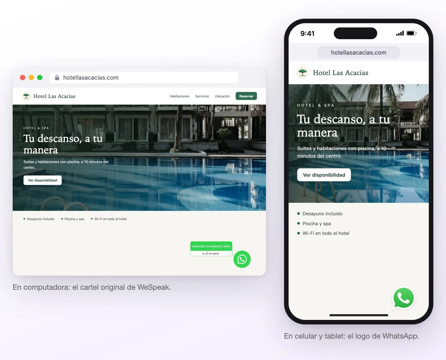 Ejemplo de la web de un hotel con el botón de WhatsApp original: un cartel ancho en la esquina inferior derecha de la computadora y solo el logo de WhatsApp en el celular