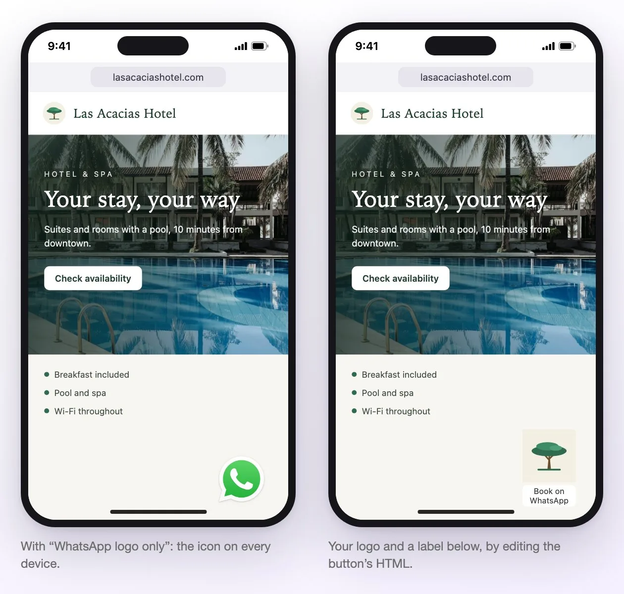 Two examples of the button on a hotel website: the WhatsApp logo alone on the left, and the hotel's logo with Book on WhatsApp underneath on the right, customized by editing the HTML